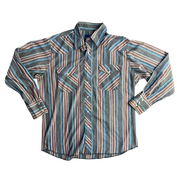 Vintage Wrangler Western Pearl Snap Striped Shirt Long Sleeve Lightweight Size L - Picture 1 of 5